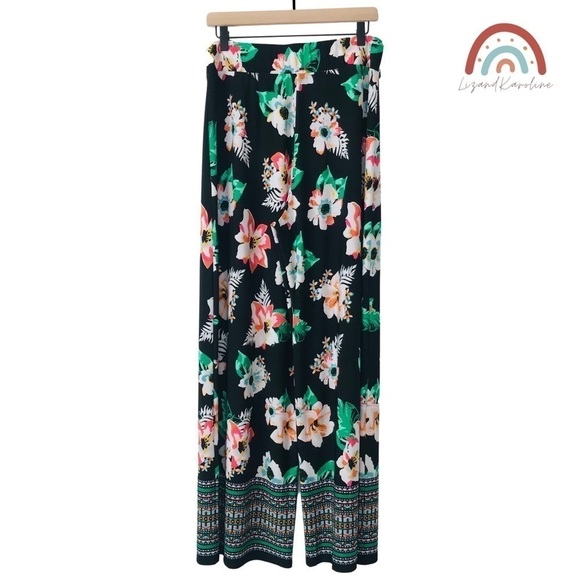 Versona High Waist Straight Wide Leg Tropical Floral Hibiscus Pants - Picture 2 of 9